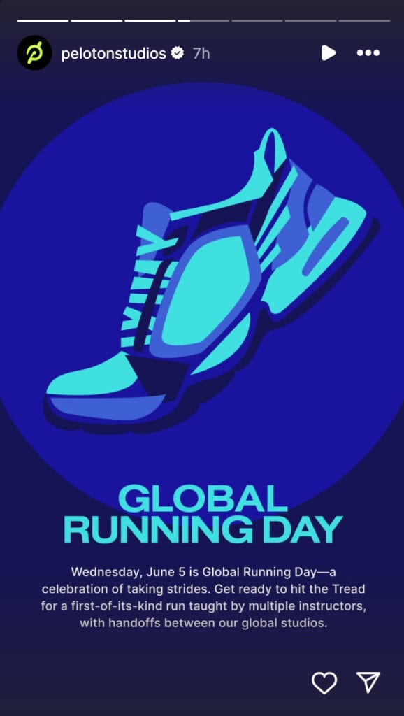 @PelotonStudios Instagram Story announcing Global Running Day classes.